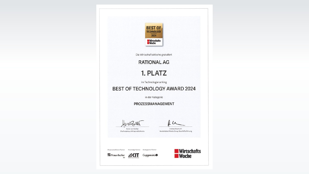 Certificate awarded to RATIONAL AG for 1st place in Best of Technology Award 2024 for process management.
