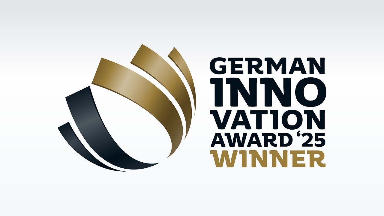 German Innovation Award 2025 winner logo featuring abstract gold and black design.