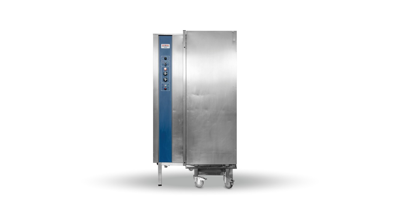 Rational combi-steamer on wheels with a stainless steel finish and control panel on the side, designed for commercial kitchens.