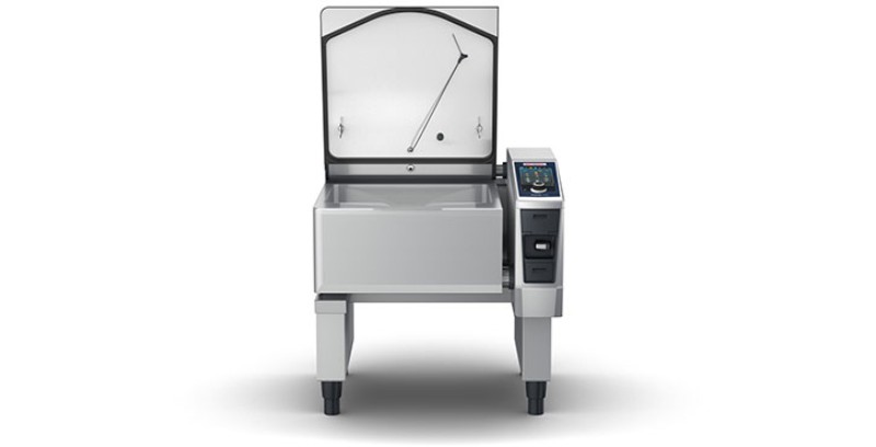 A Rational iVario Pro L with an open lid, showcasing the cooking area and control panel from the front view.