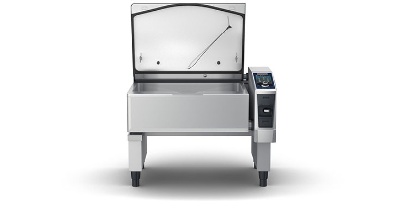 A Rational iVario Pro XL with an open lid, showcasing the cooking area and control panel from the front view.