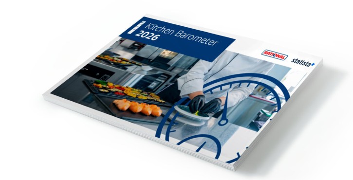 Kitchen Barometer 2026 brochure by RATIONAL and Statista with chef plating food in commercial kitchen.