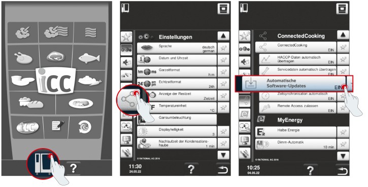RATIONAL combi-steamer settings menu enabling automatic software updates via ConnectedCooking.