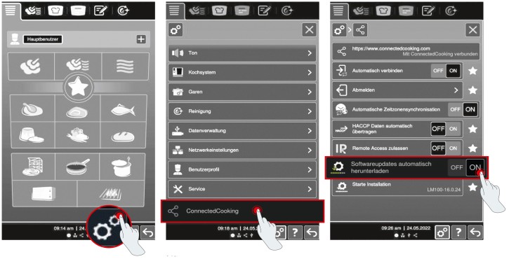 RATIONAL cooking system menu enabling automatic software downloads via ConnectedCooking.