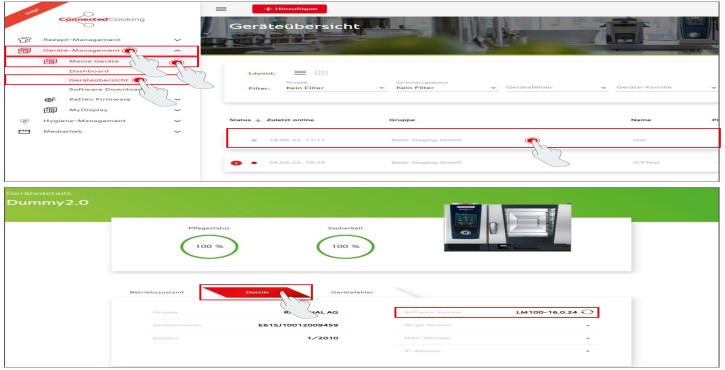 RATIONAL ConnectedCooking interface showing software version via device management details.