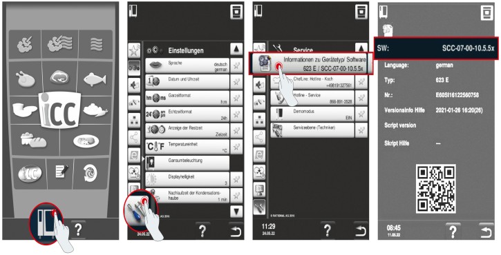 RATIONAL combi-steamer display sequence showing software version via service settings.