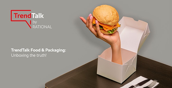 Hand holding burger emerging from an open box. Text: "TrendTalk Food & Packaging: Unboxing the truth!"