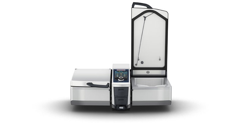 A Rational iVario Pro 2-S with its lid open, showcasing the control panel and cooking area in a modern design.