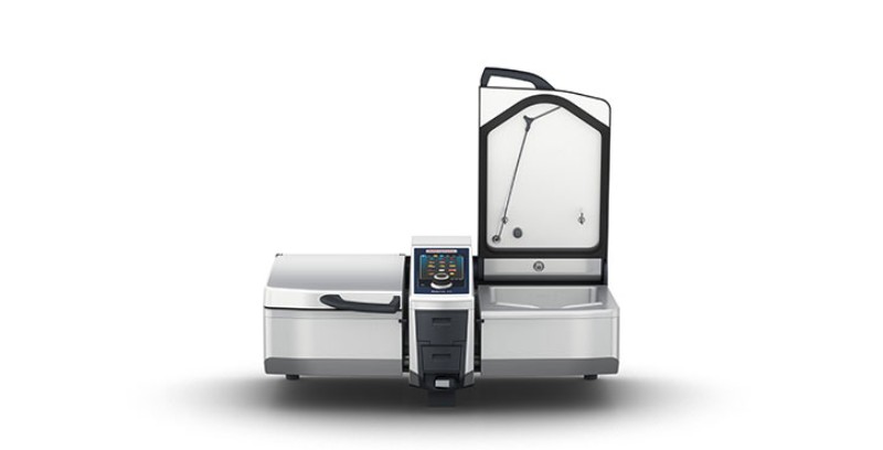 A Rational iVario 2-XS cooking device with its lid open, showcasing the control panel and cooking area in a modern design.